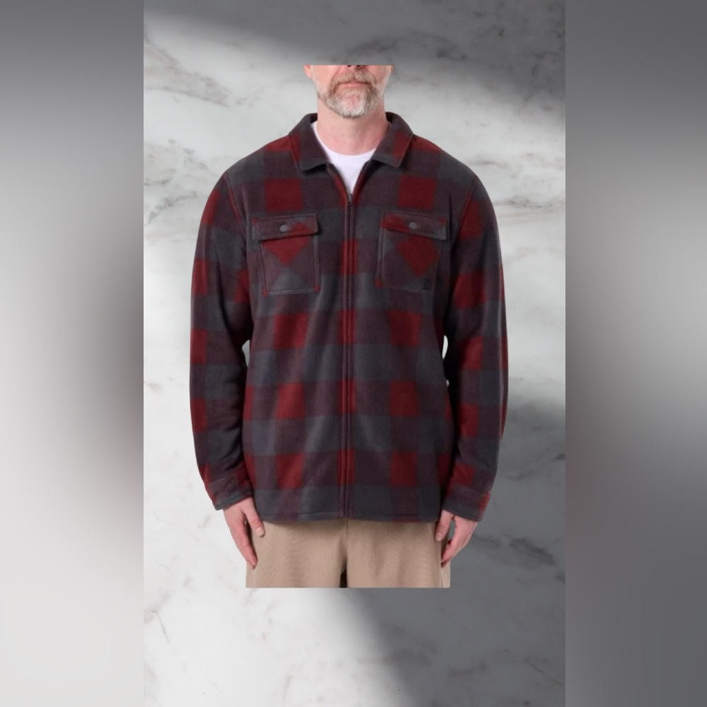 Voyager Men's Shirt Jacket Soft Shell Plush Fleece Lined Red & Gray Plaid Size L